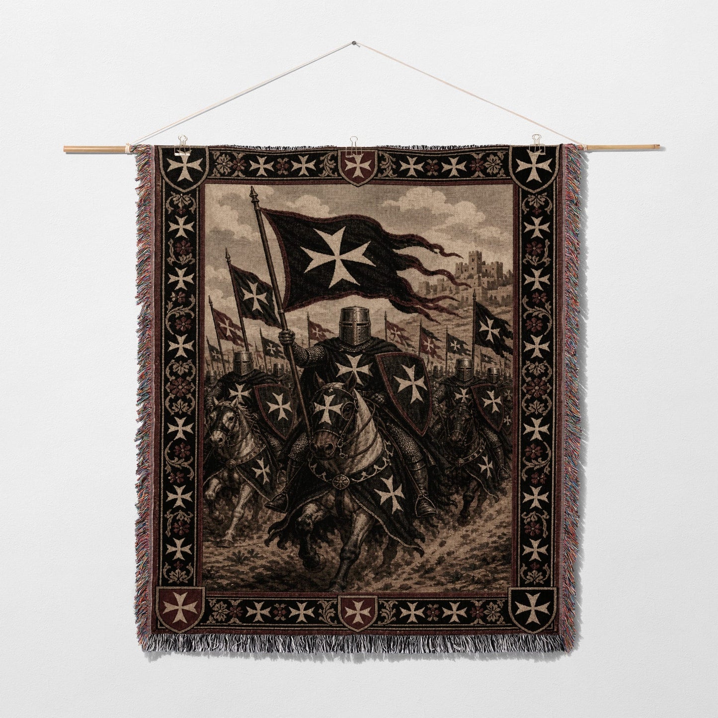 Knights Templar on horseback with banners and a castle in background.