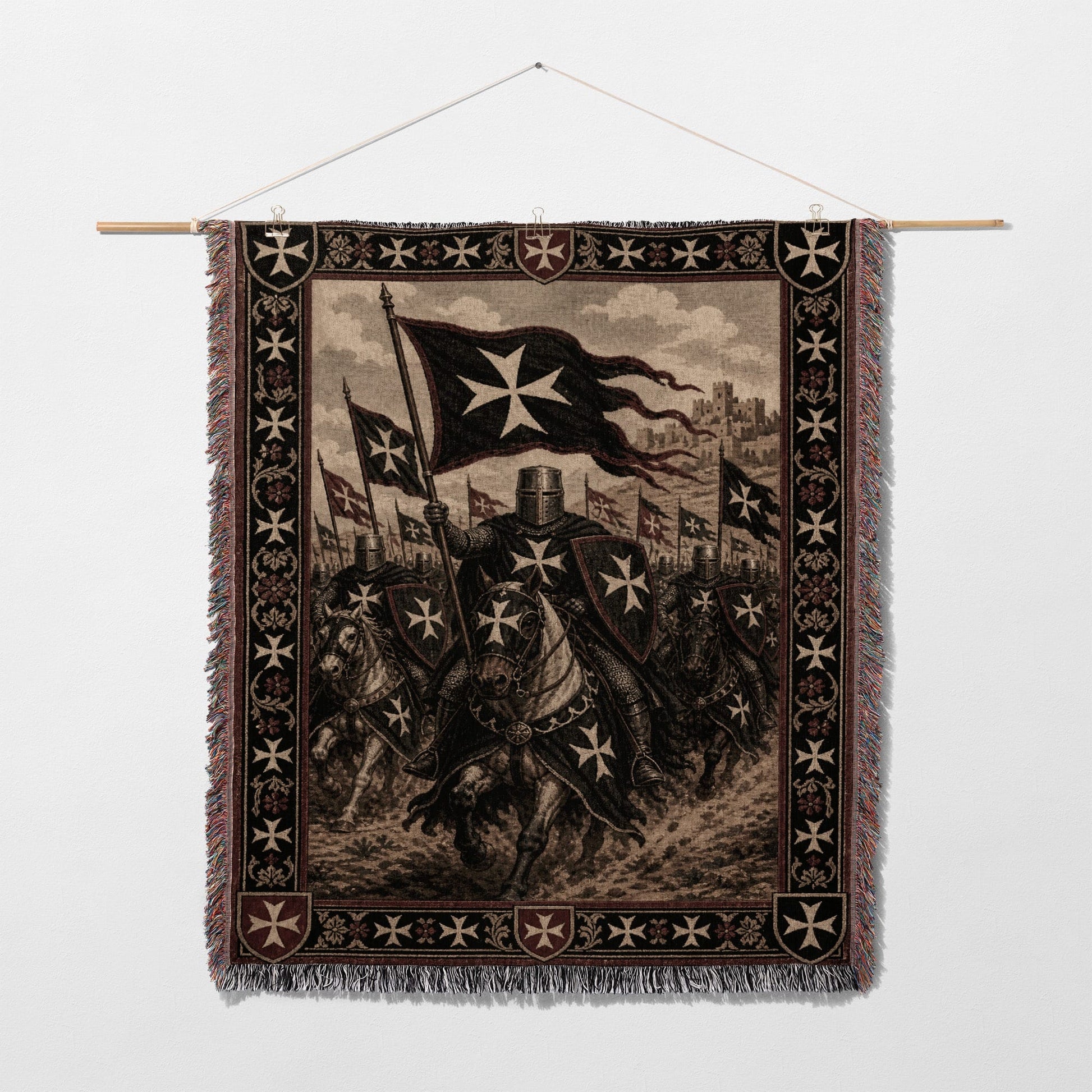 Knights Templar on horseback with banners and a castle in background.
