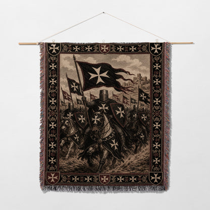 Knights Templar on horseback with banners and a castle in background.