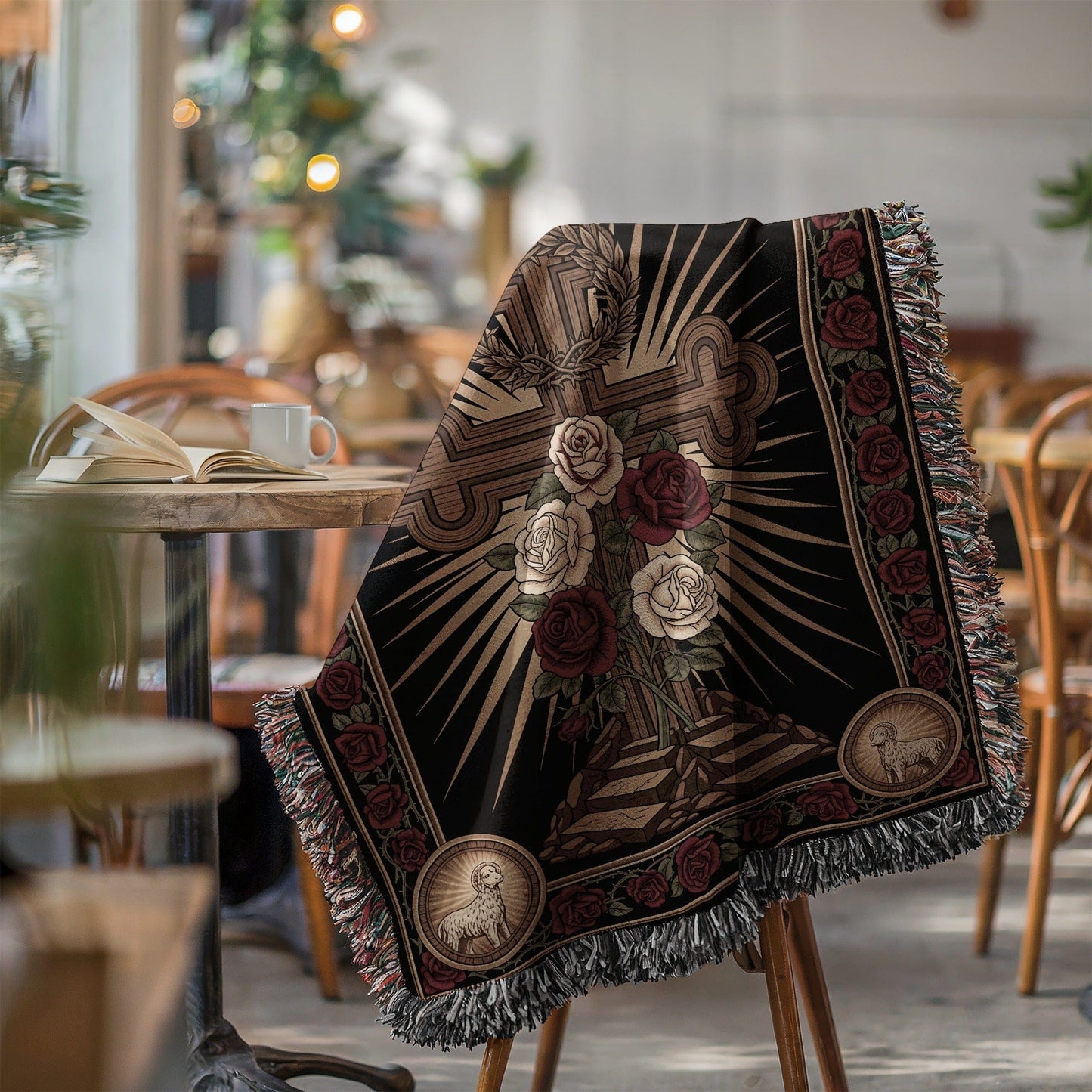 Gothic Cross and Roses Design Throw Blanket