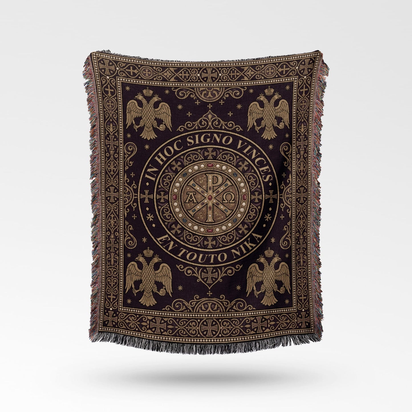 Ornate dark throw blanket with Byzantine eagle motifs and Greek inscription.
