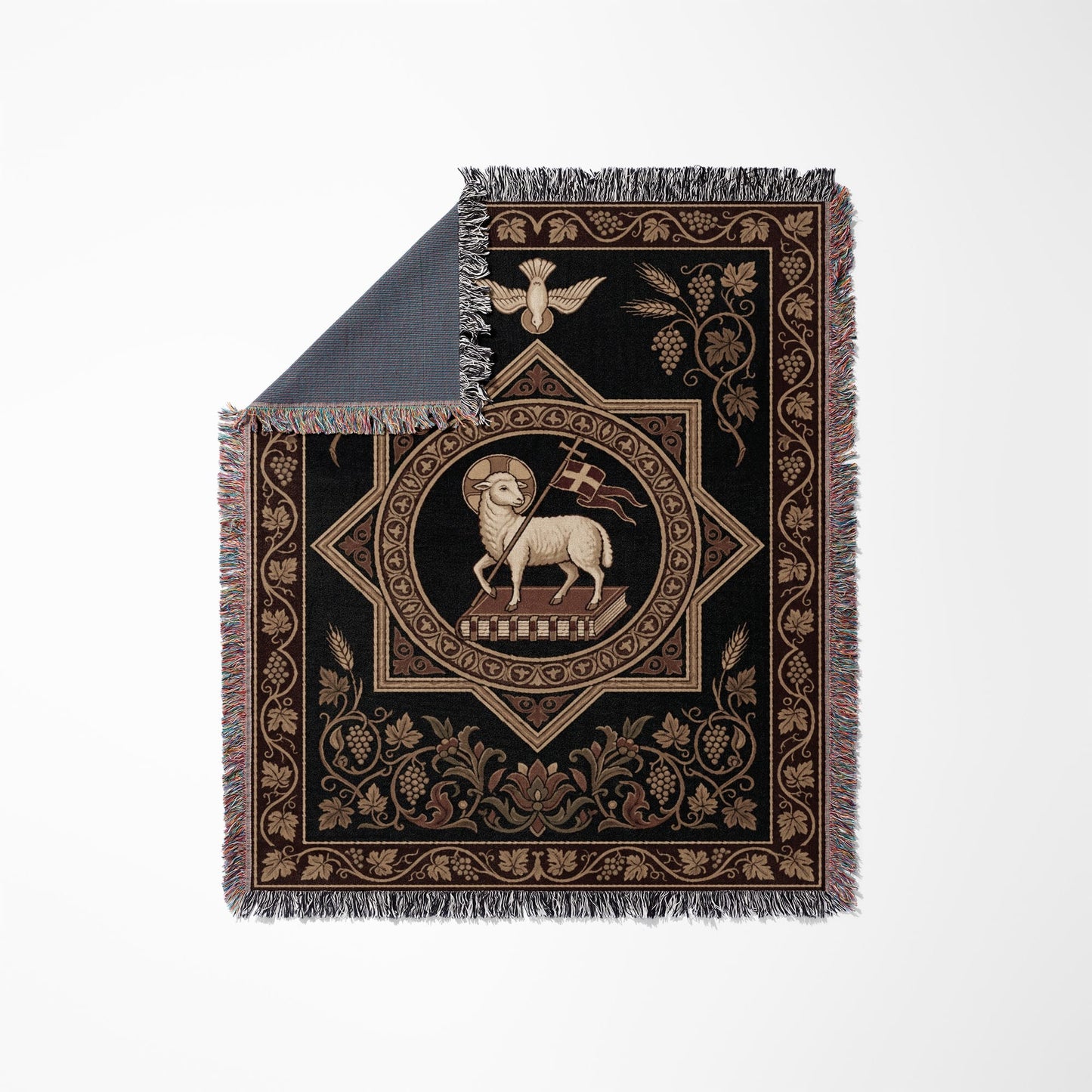 Black woven blanket with lamb on book, a dove, and grape vine border.