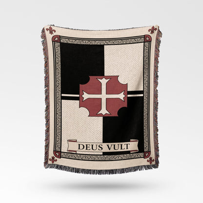 Woven blanket with a red cross and "DEUS VULT" text.