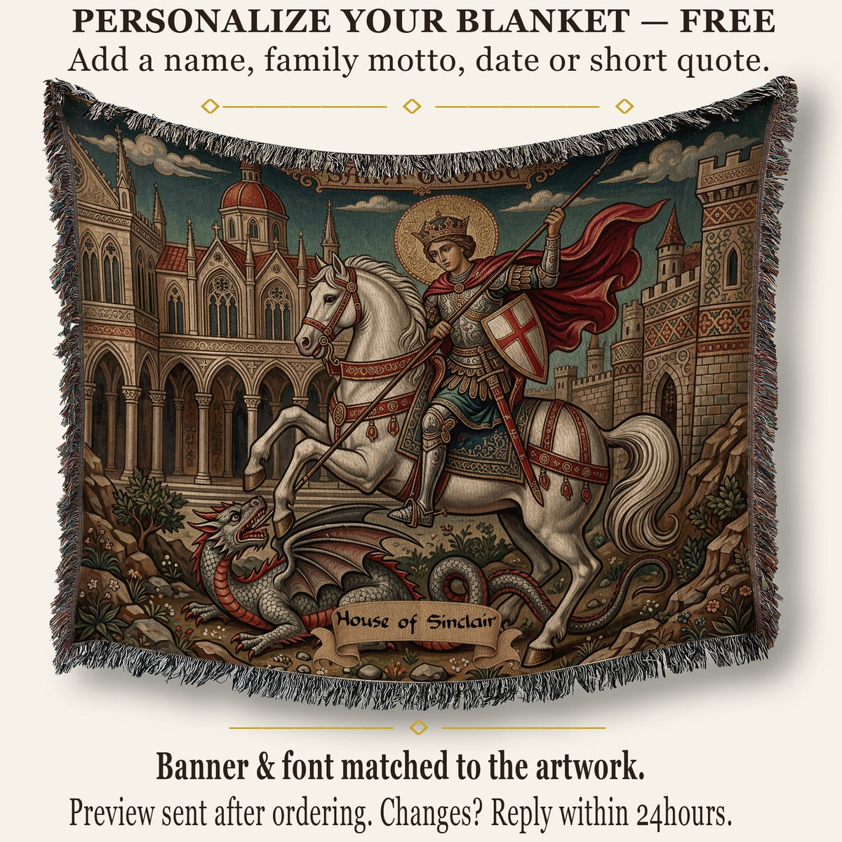 CalmNestStyle Saint George Parchment Scroll jacquard woven blanket