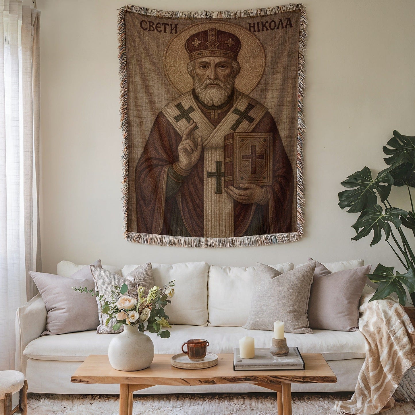 Wall Hanging with Religious Icon in Living Room Decor