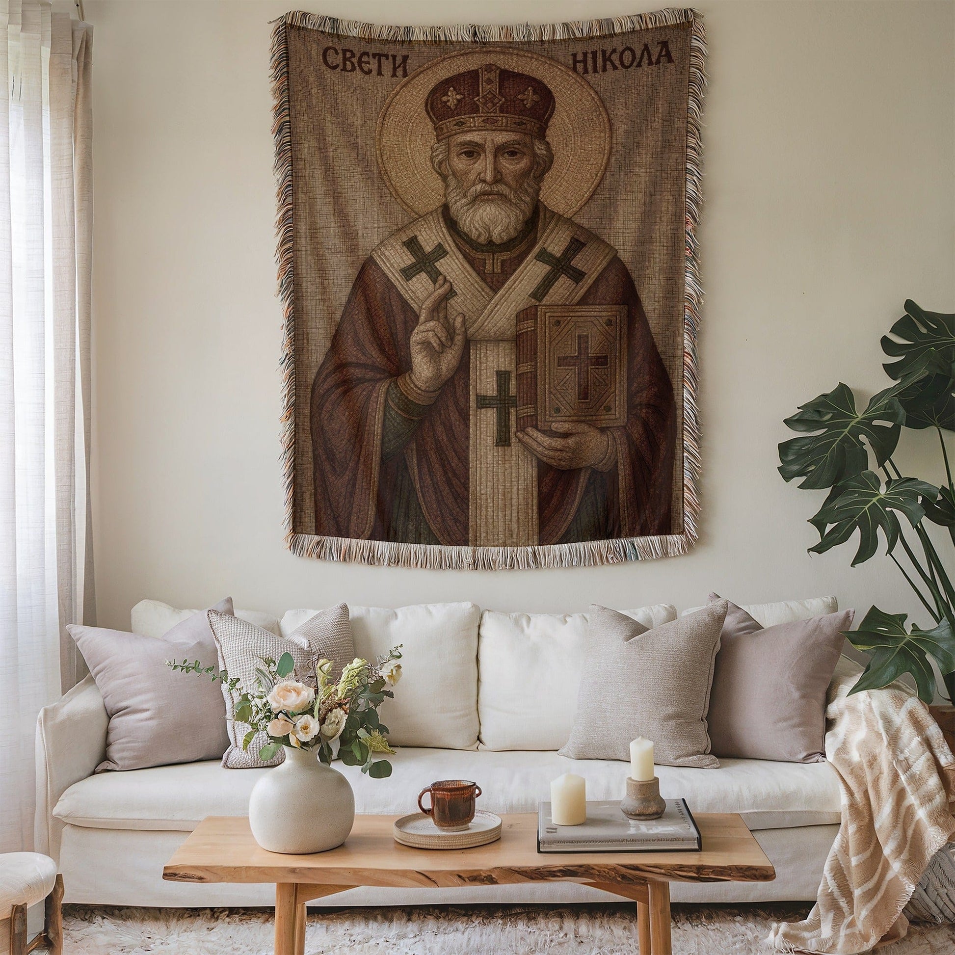 Wall Hanging with Religious Icon in Living Room Decor