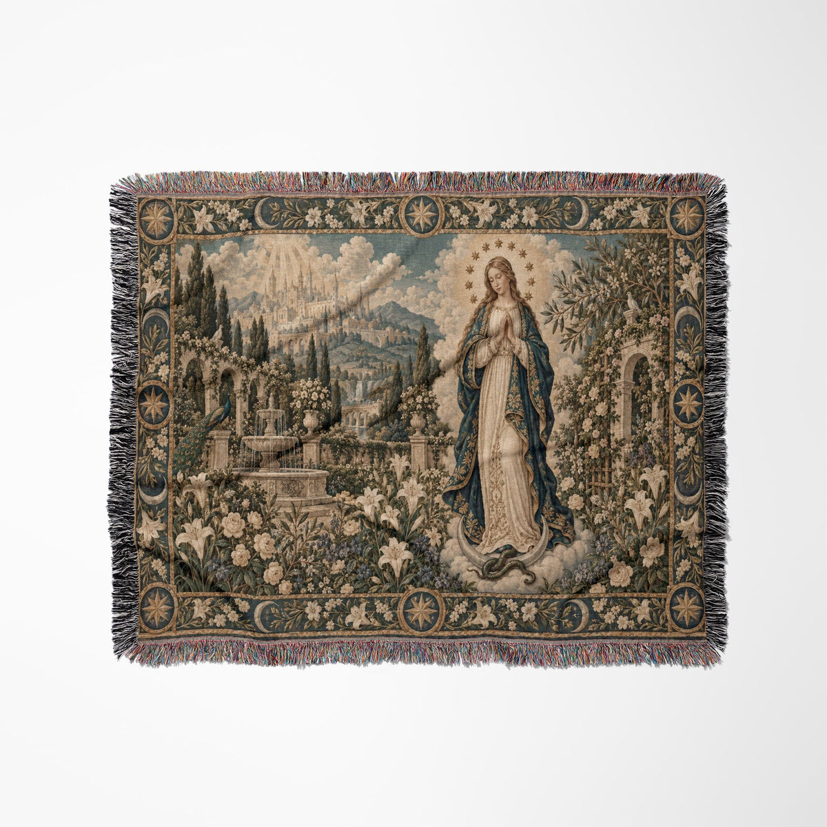 A woven tapestry blanket featuring a religious scene with a woman standing amid flowers and a distant city.