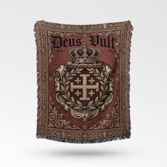 Tapestry blanket with "Deus Vult" text, crown, and a Jerusalem cross crest.