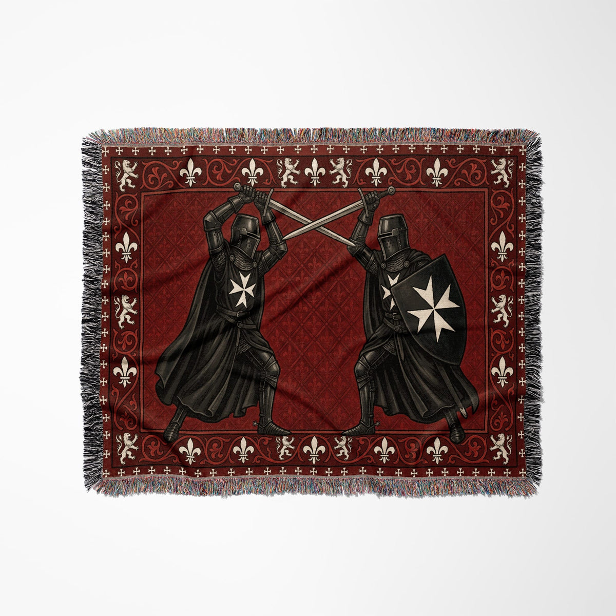 CalmNestStyle Black Knights Sword Duel on Red Damask Woven Blanket jacquard woven blanket