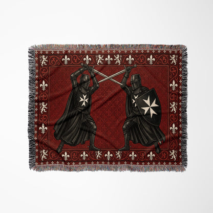 CalmNestStyle Black Knights Sword Duel on Red Damask Woven Blanket jacquard woven blanket