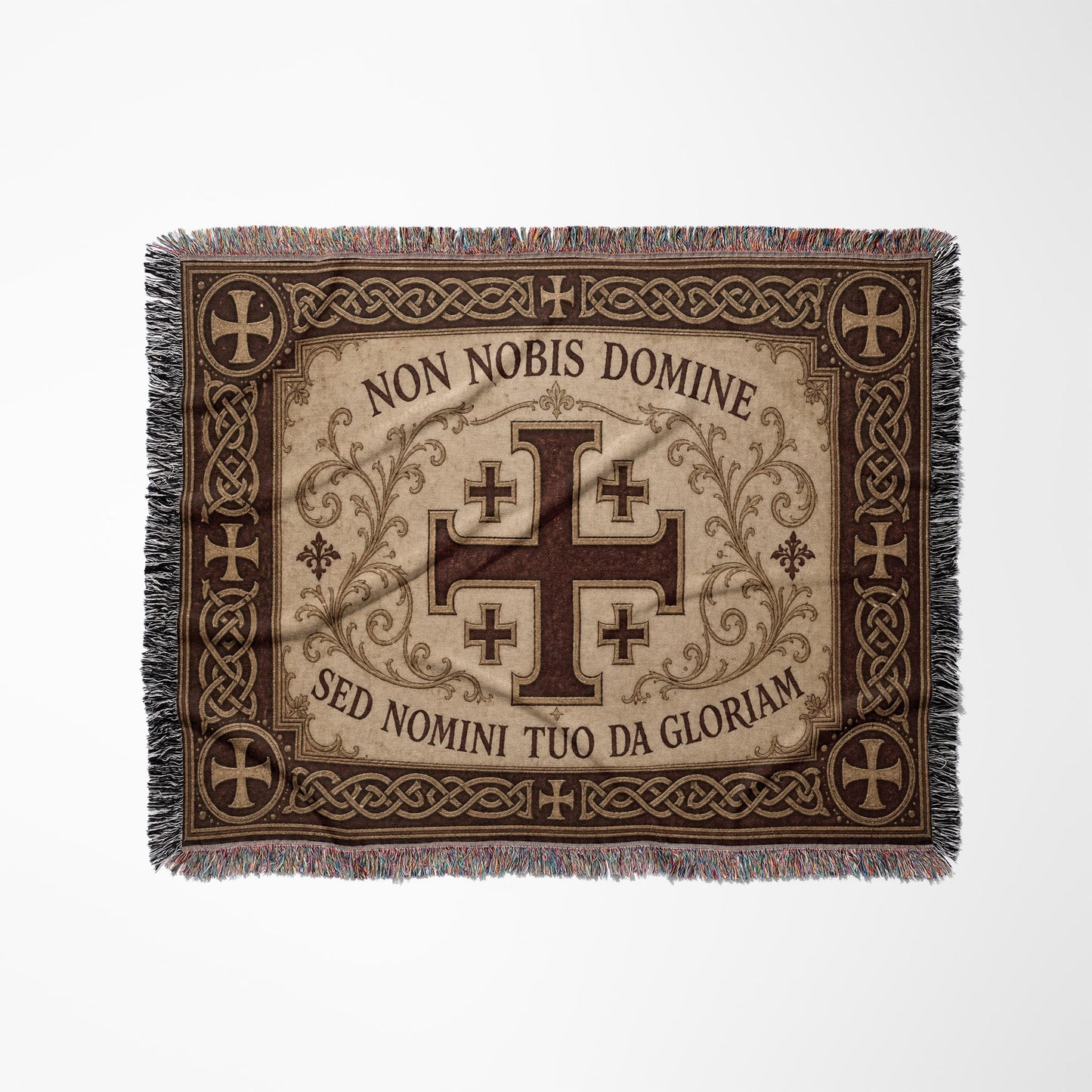 MyDesigns Medieval Tapestry Woven Throw – Non Nobis Domine Sed Nomini Tuo Blanket, Ivory Parchment jacquard woven blanket