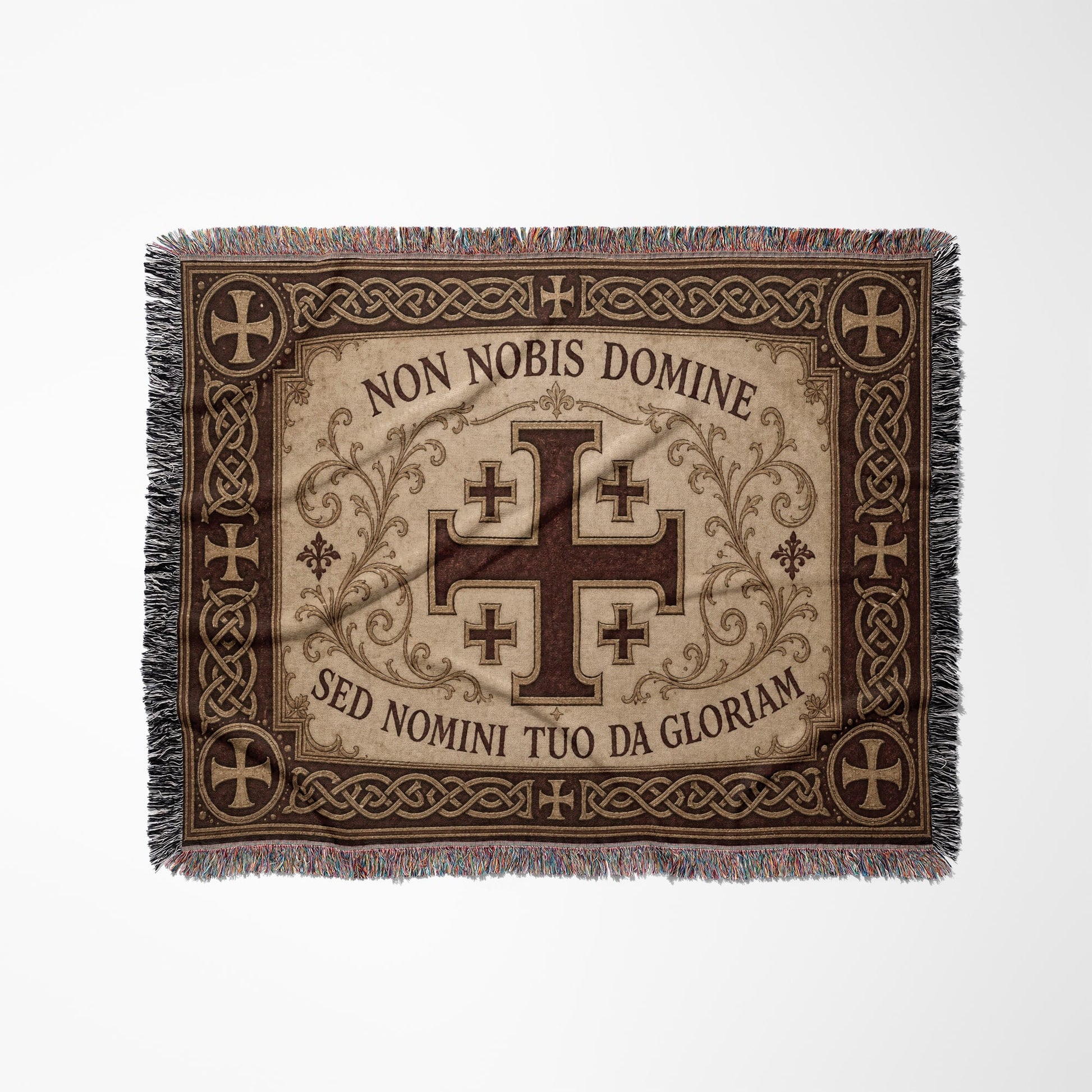 MyDesigns Medieval Tapestry Woven Throw – Non Nobis Domine Sed Nomini Tuo Blanket, Ivory Parchment jacquard woven blanket