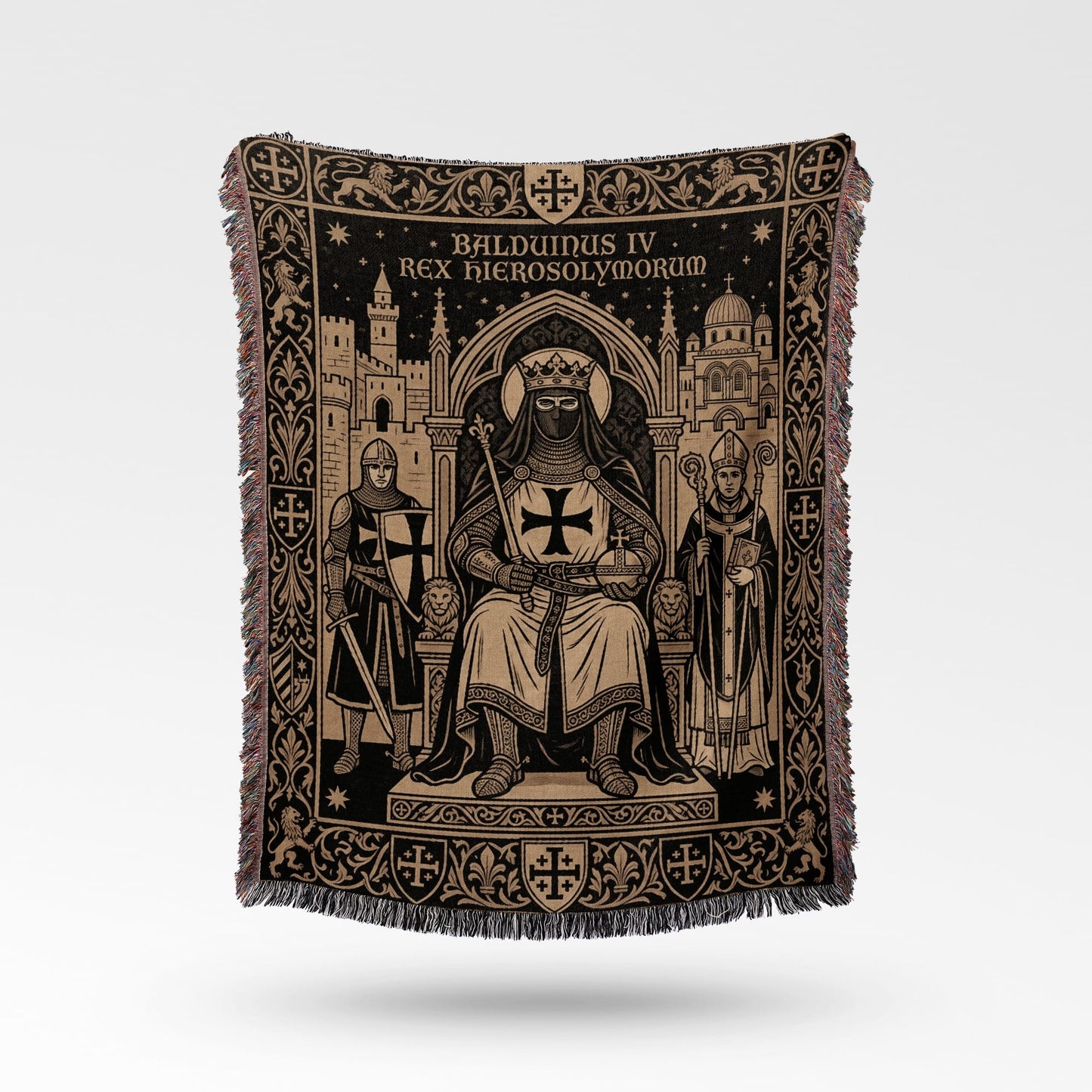 Tapestry depicting King Baldwin IV of Jerusalem in regal attire with knights and clergy.