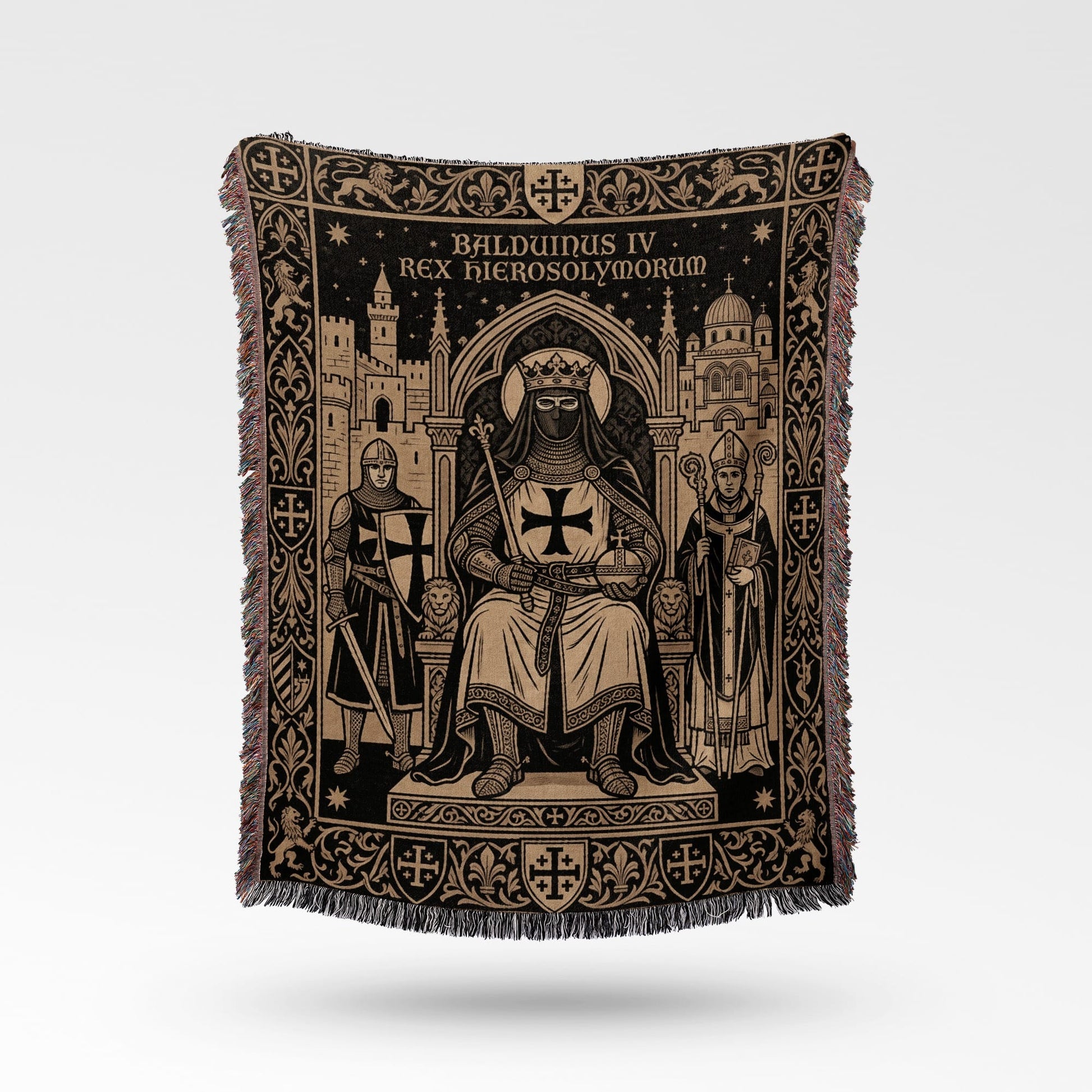 Tapestry depicting King Baldwin IV of Jerusalem in regal attire with knights and clergy.
