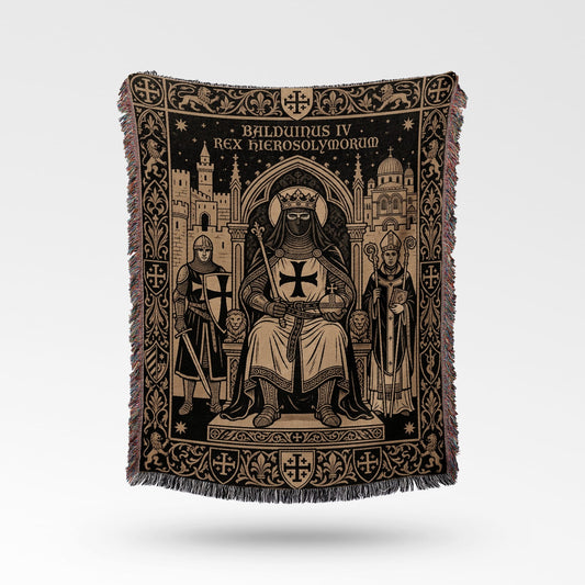 Tapestry depicting King Baldwin IV of Jerusalem in regal attire with knights and clergy.