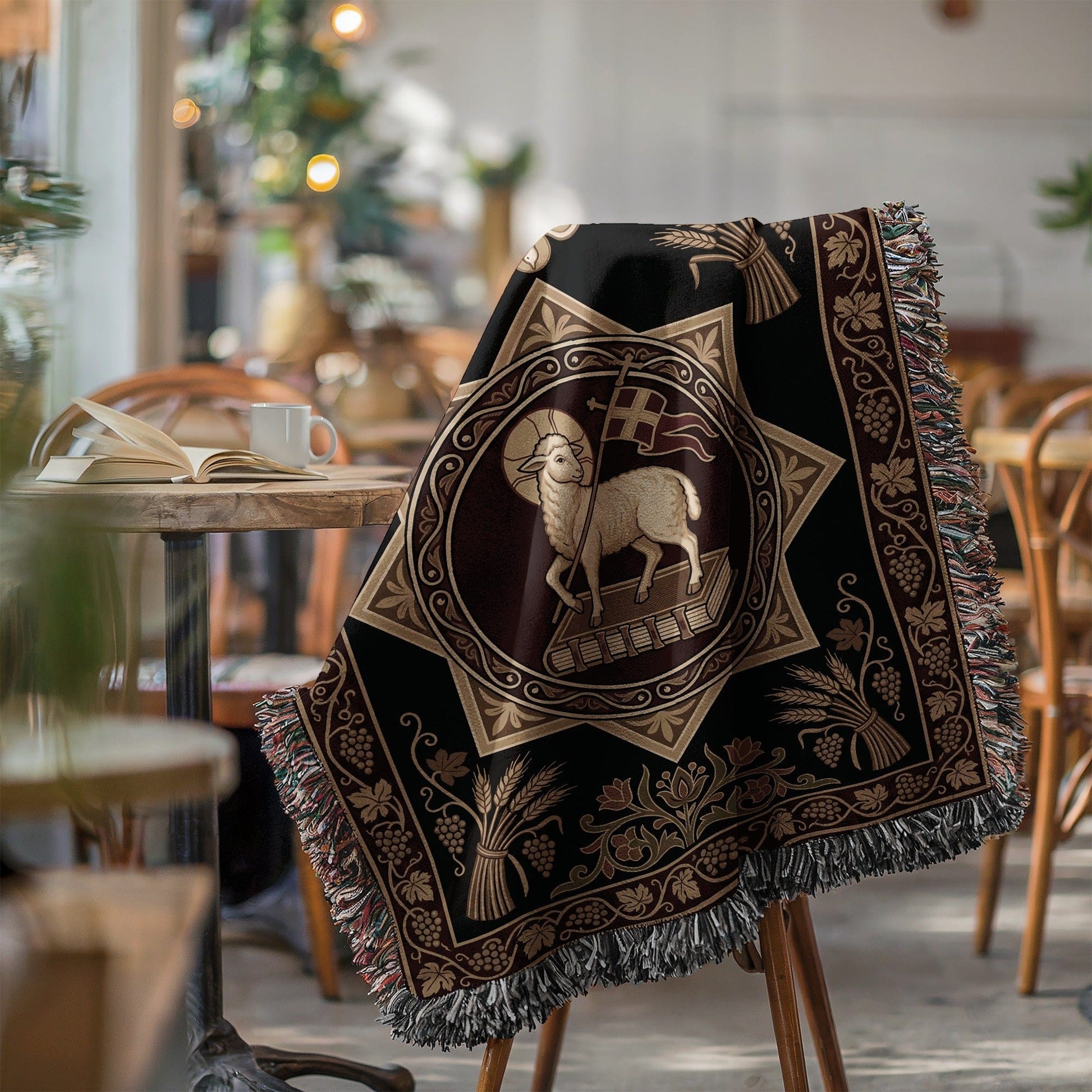 Elegant Black Tapestry with Sheep and Wheat Design Blanket