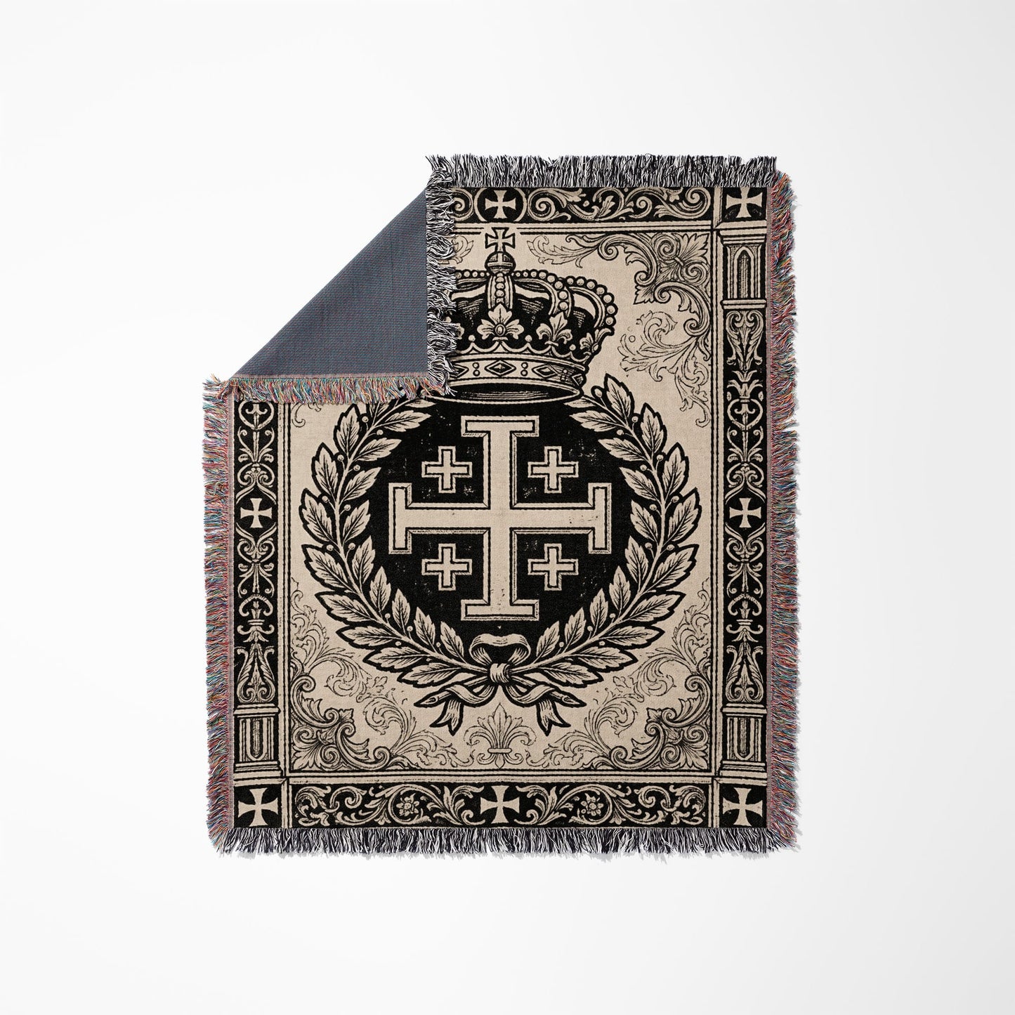 Tapestry with black and white heraldic shield design, crown, and laurel wreath.