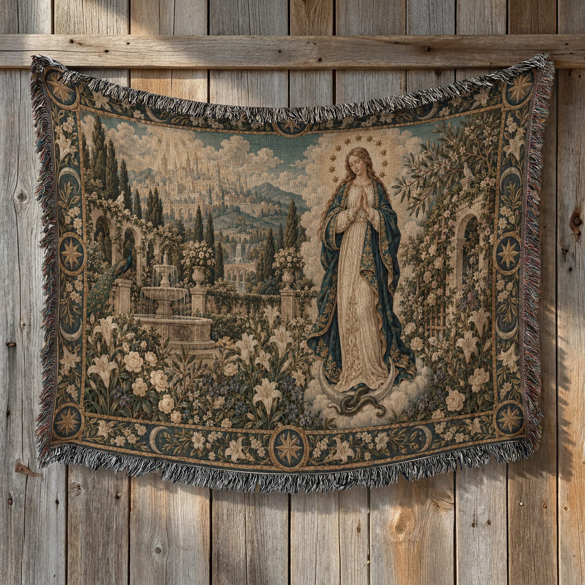 Woven tapestry throw blanket featuring a medieval garden scene with a central female figure and ornate borders.