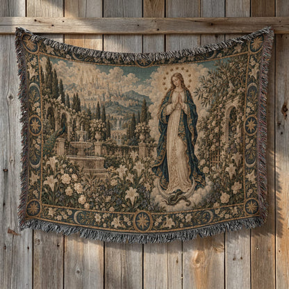 Woven tapestry throw blanket featuring a medieval garden scene with a central female figure and ornate borders.