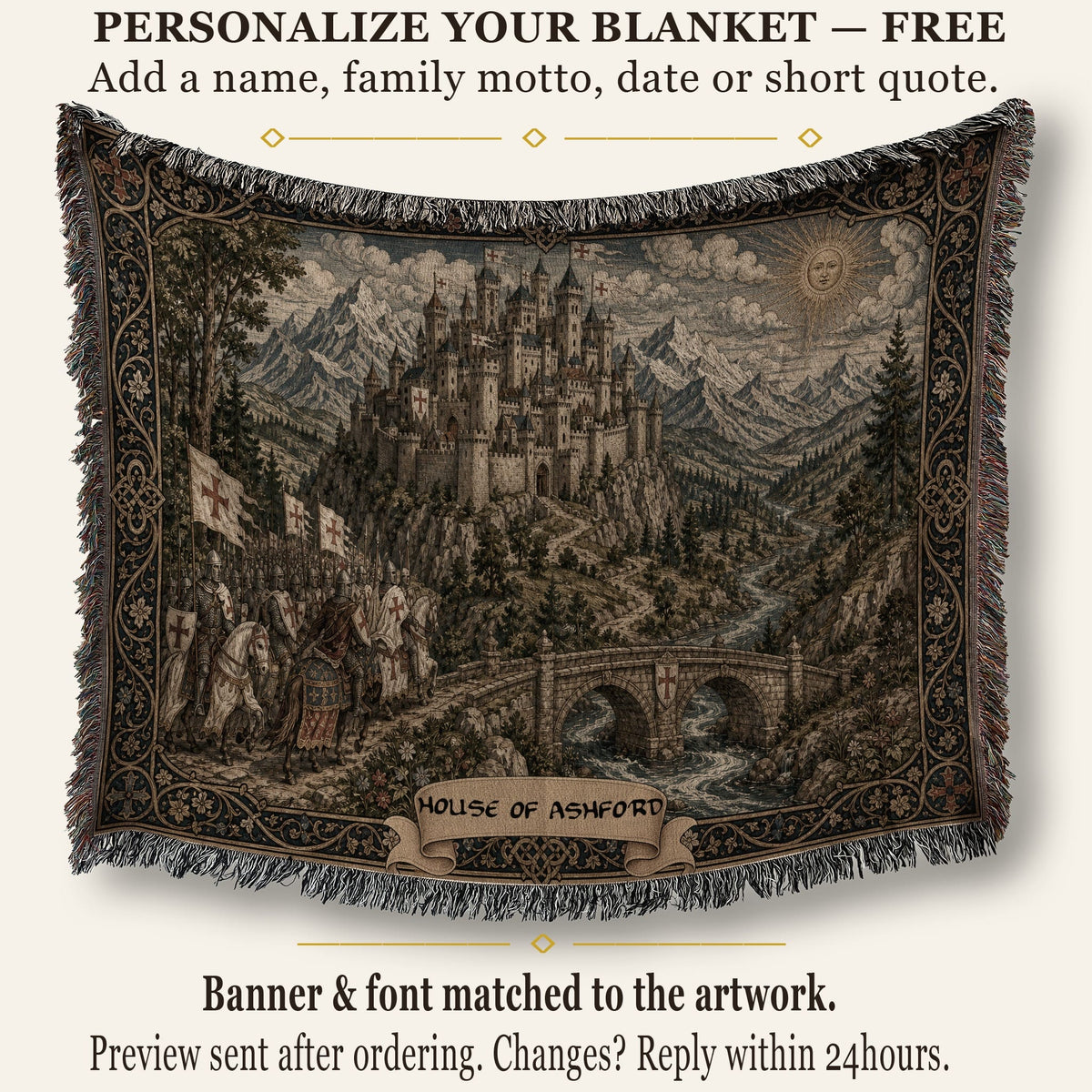 MyDesigns Castle Tapestry Blanket – Medieval Mountain Castle Woven Throw, Templar Banners jacquard woven blanket