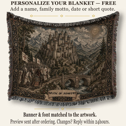 MyDesigns Castle Tapestry Blanket – Medieval Mountain Castle Woven Throw, Templar Banners jacquard woven blanket