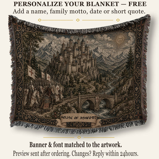 MyDesigns Castle Tapestry Blanket – Medieval Mountain Castle Woven Throw, Templar Banners jacquard woven blanket