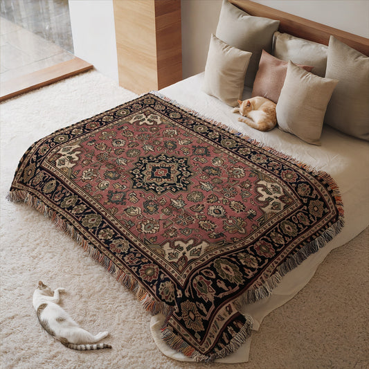 Floral Patterned Fringed Blanket with Feline Companions