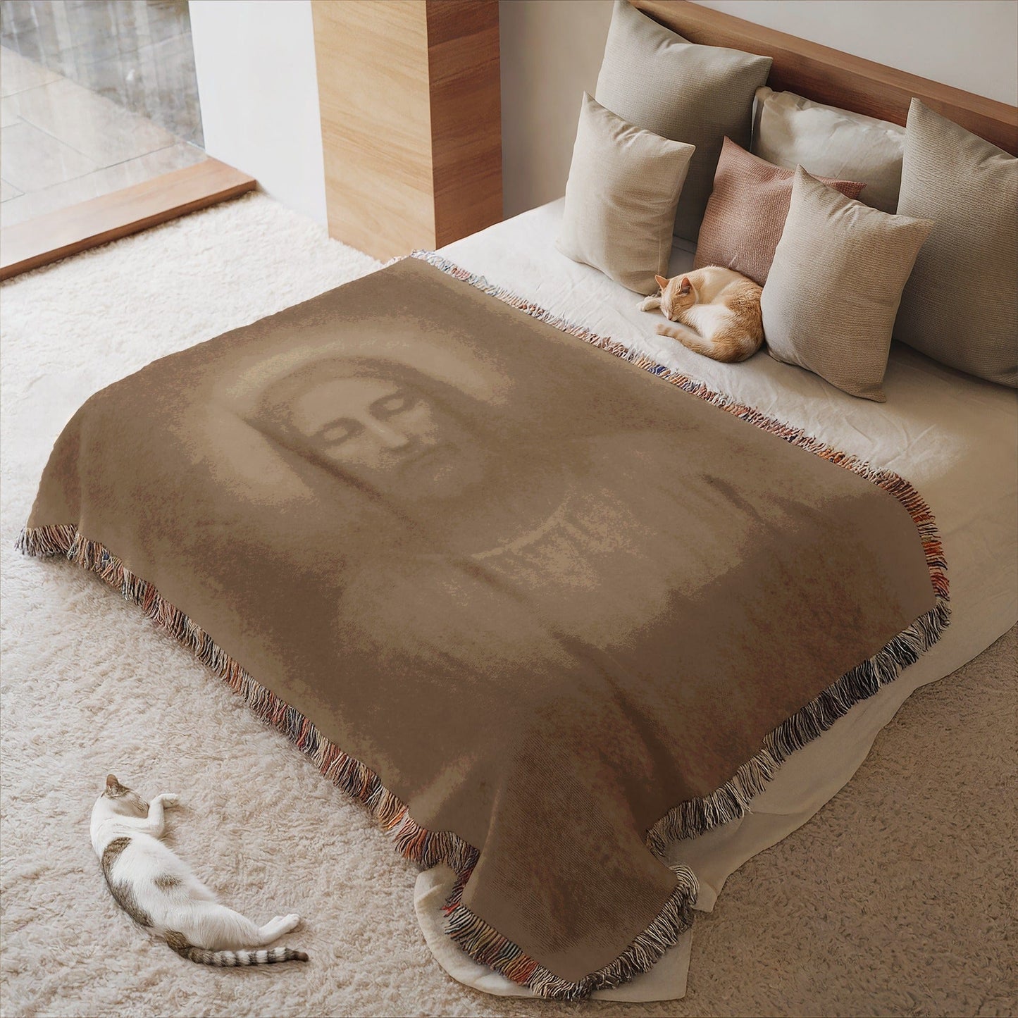 Cozy Relaxing On Bed With Sleeping Cats Blanket