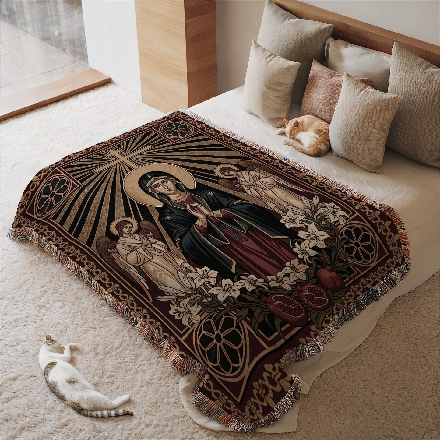 Stunning Religious Design Bed Throw with Fringe Edges