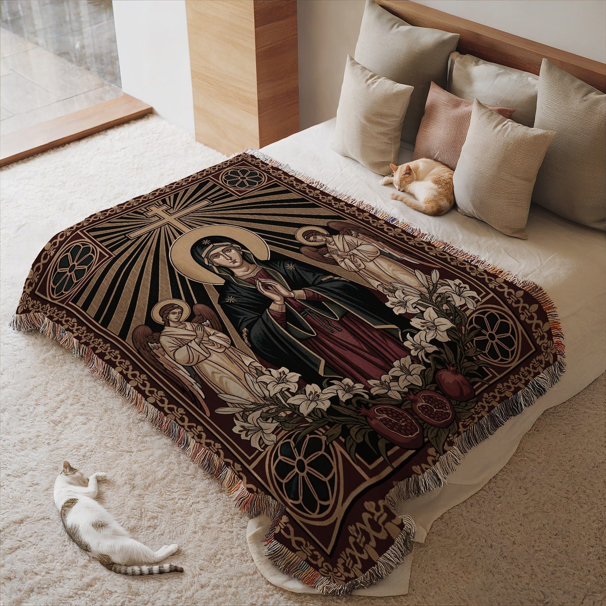 Stunning Religious Design Bed Throw with Fringe Edges
