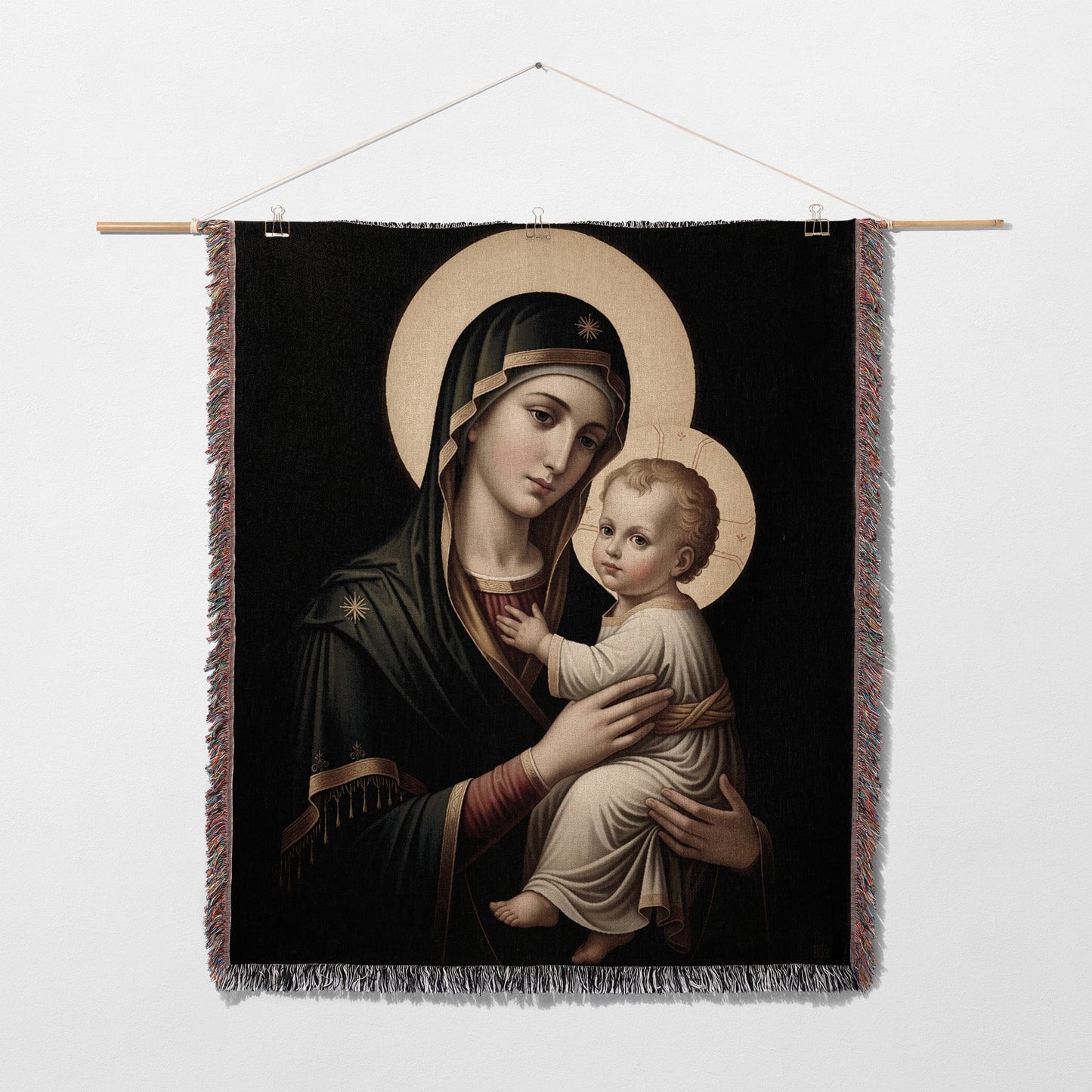 Tapestry of Madonna and child in traditional Renaissance style.