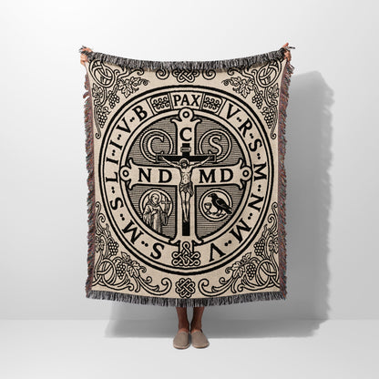 CalmNestStyle Ornate Saint Benedict Medal Design with Grapevine and Knotwork, a Symbol of Christian Heritage and Sacred Protection, Woven Blanket jacquard woven blanket