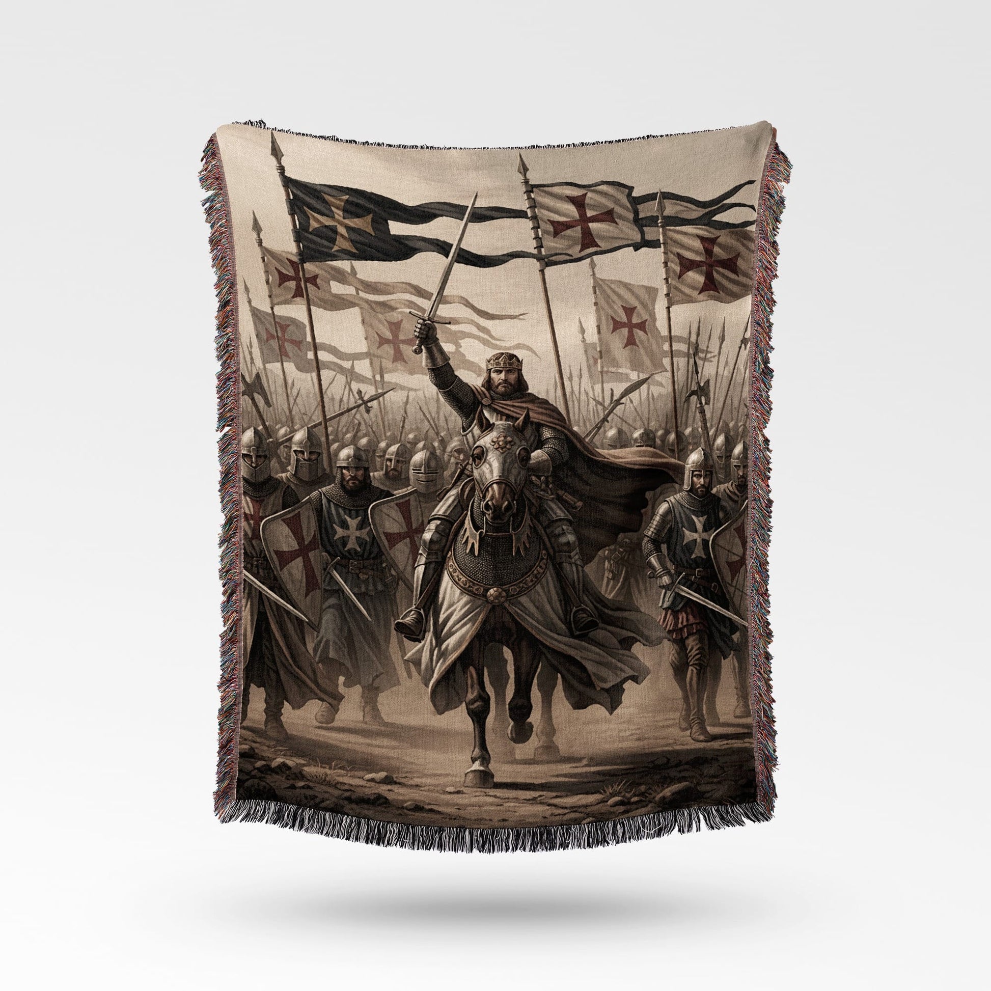 Knights Templar on horseback lead an army with Templar flags.