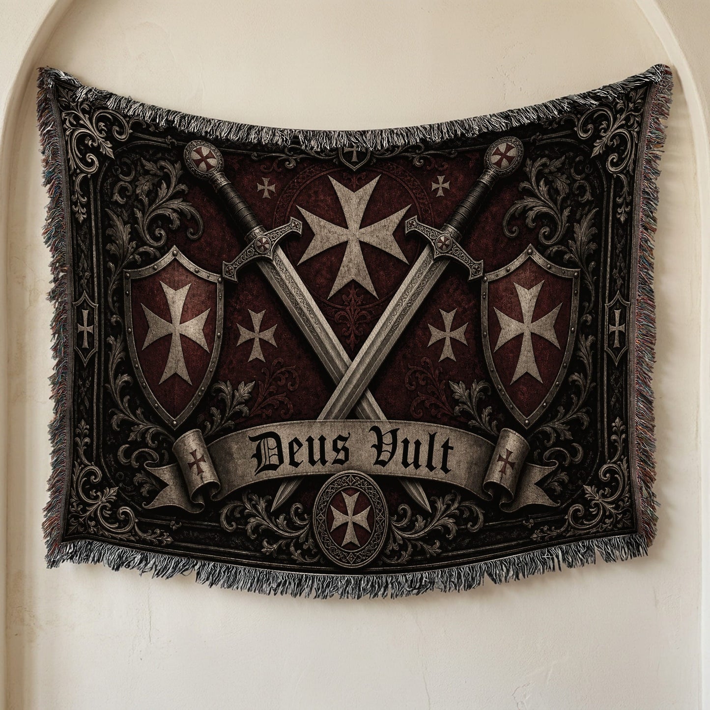 MyDesigns Medieval Wall Hanging – Deus Vult Crossed Swords Woven Blanket, Grey Frame jacquard woven blanket