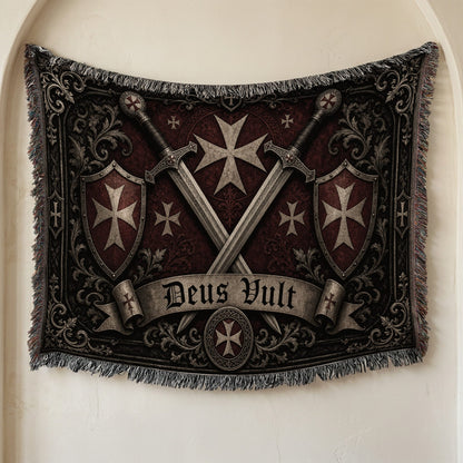 MyDesigns Medieval Wall Hanging – Deus Vult Crossed Swords Woven Blanket, Grey Frame jacquard woven blanket