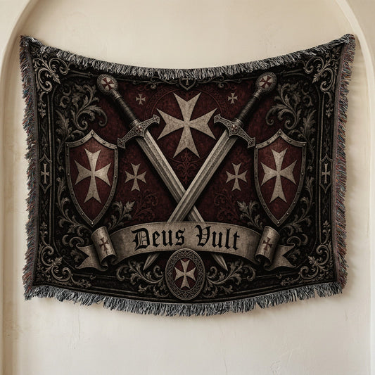 MyDesigns Medieval Wall Hanging – Deus Vult Crossed Swords Woven Blanket, Grey Frame jacquard woven blanket