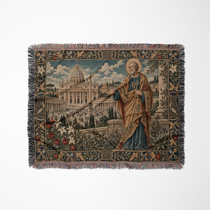 A woven tapestry depicts Saint Peter holding keys with St. Peter's Basilica in the background.