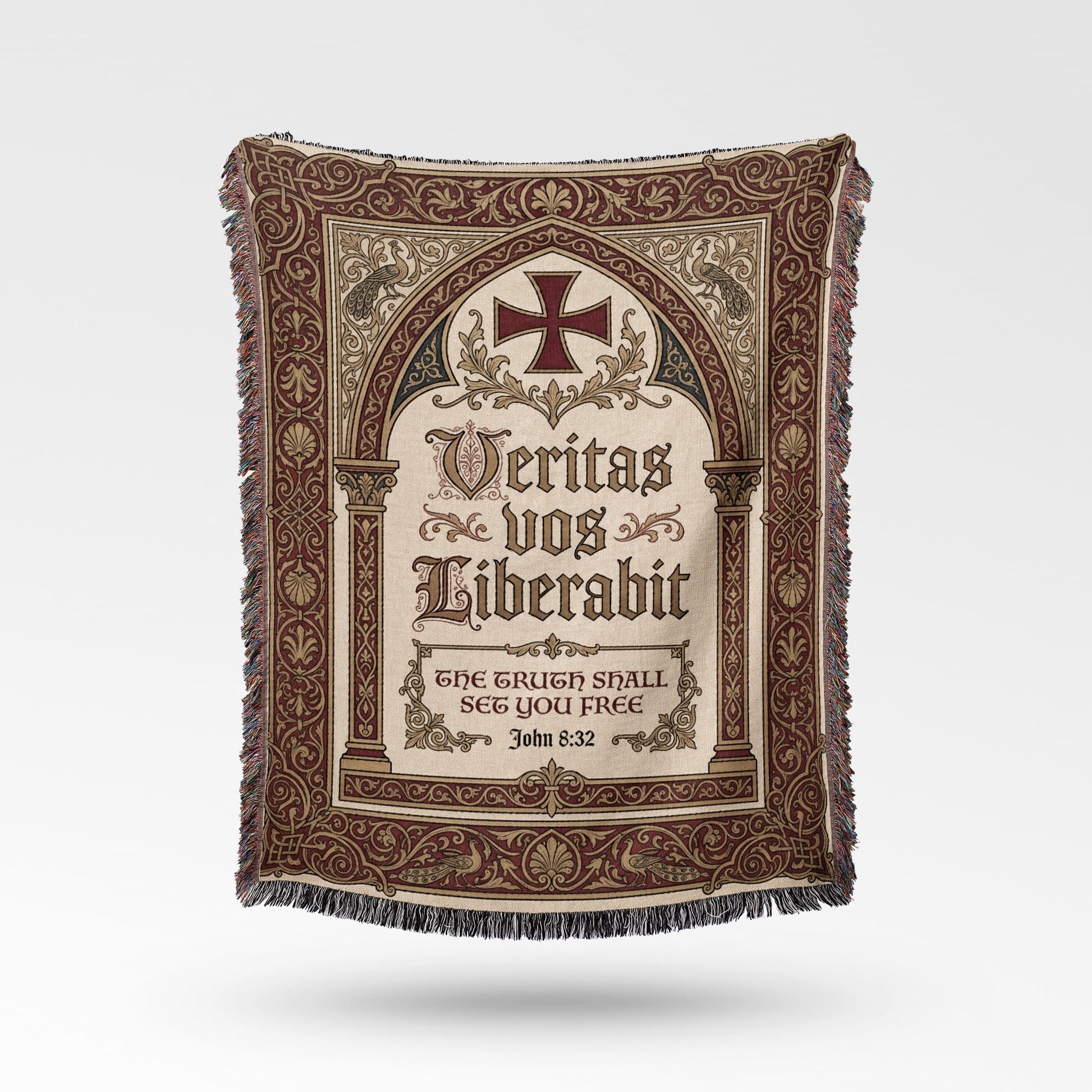 Ornate blanket with Latin inscription and cross.