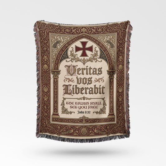 Ornate blanket with Latin inscription and cross.