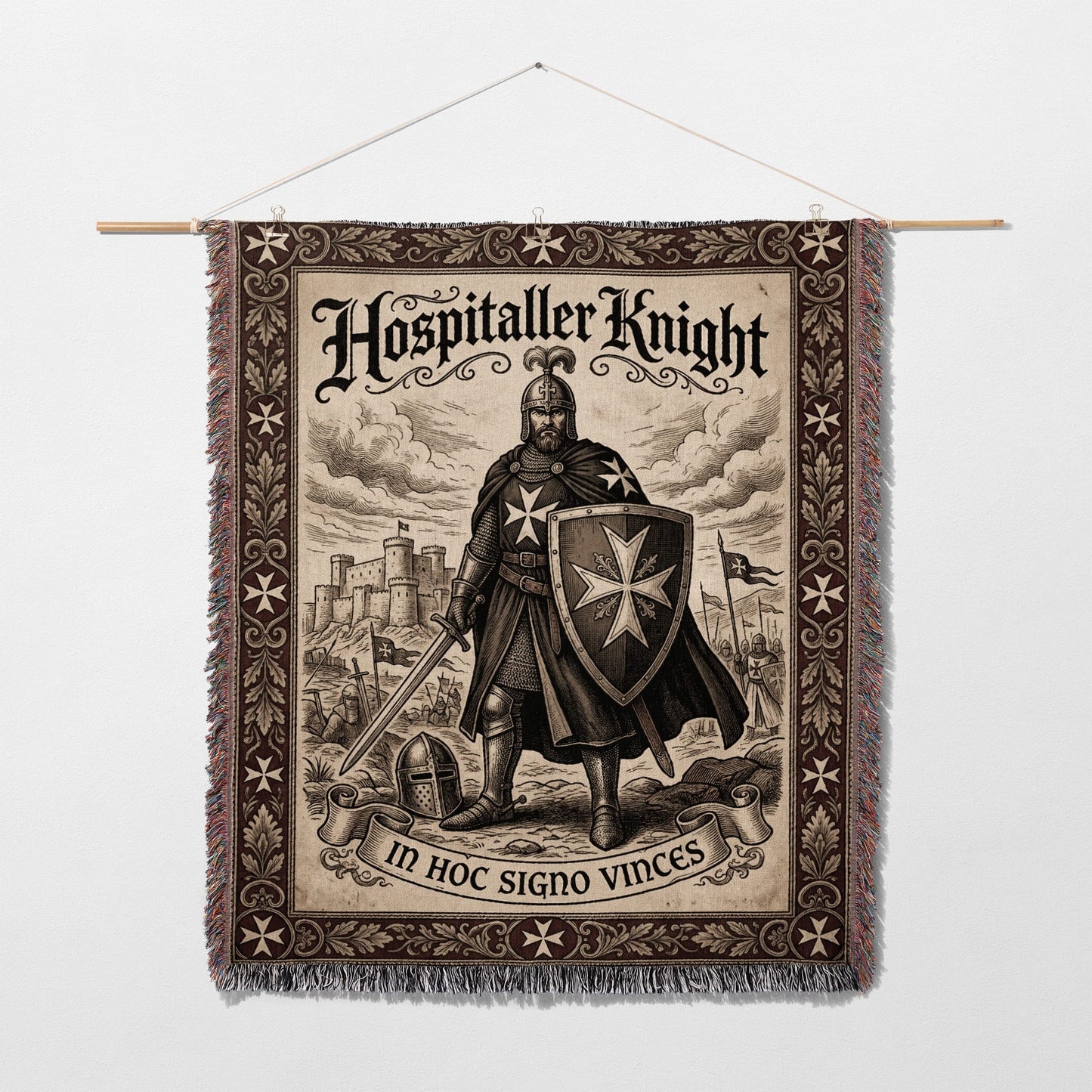 Tapestry depicting an Hospitaller Knight in armor, with text "In Hoc Signo Vinces".