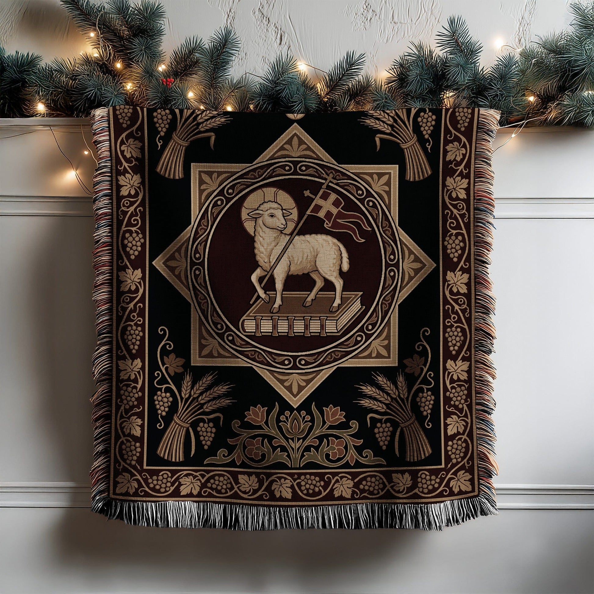 Ornate Lamb and Wheat Design Tapestry Wall Hanging