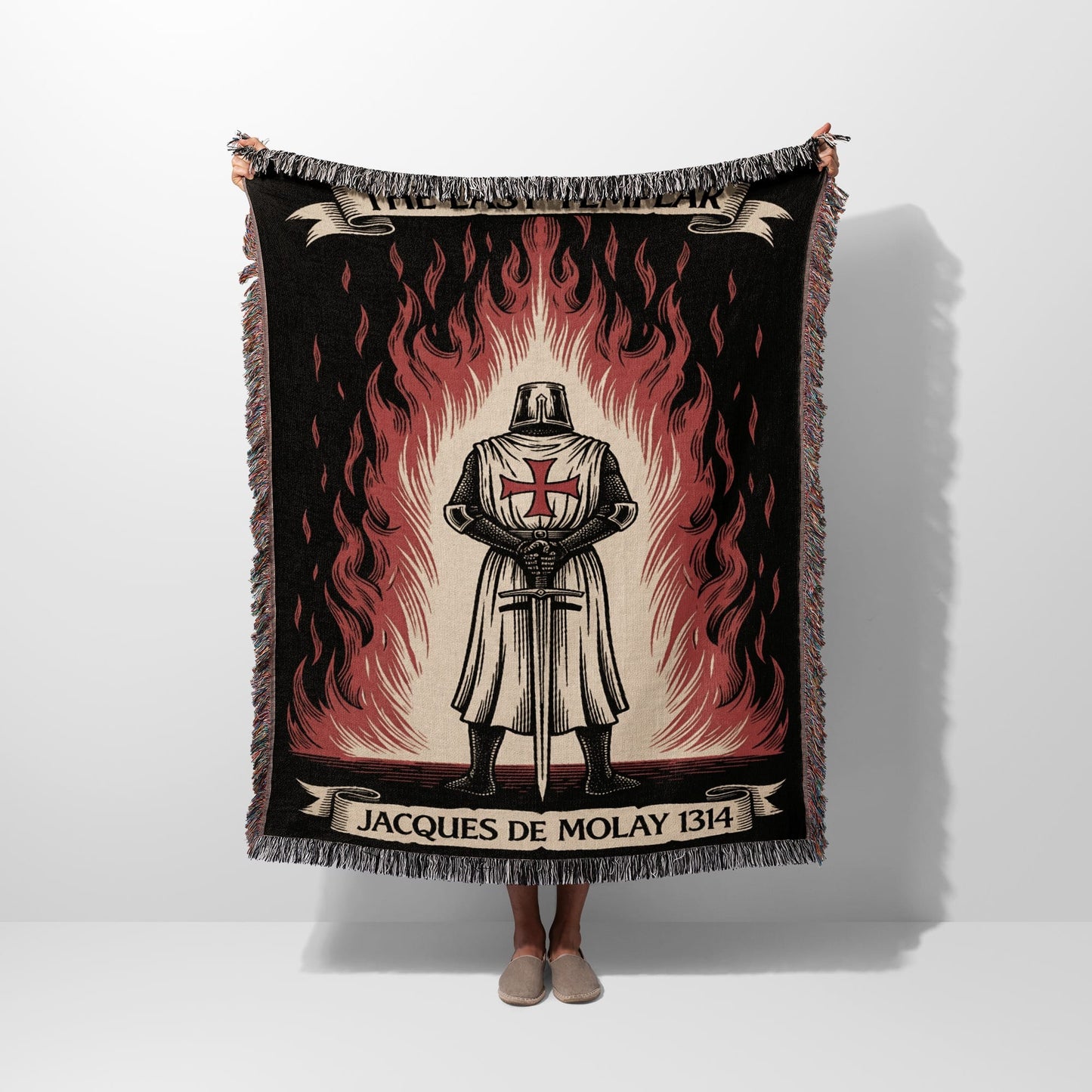 Knights Templar flag with Jacques de Molay 1314 text against a flame background.