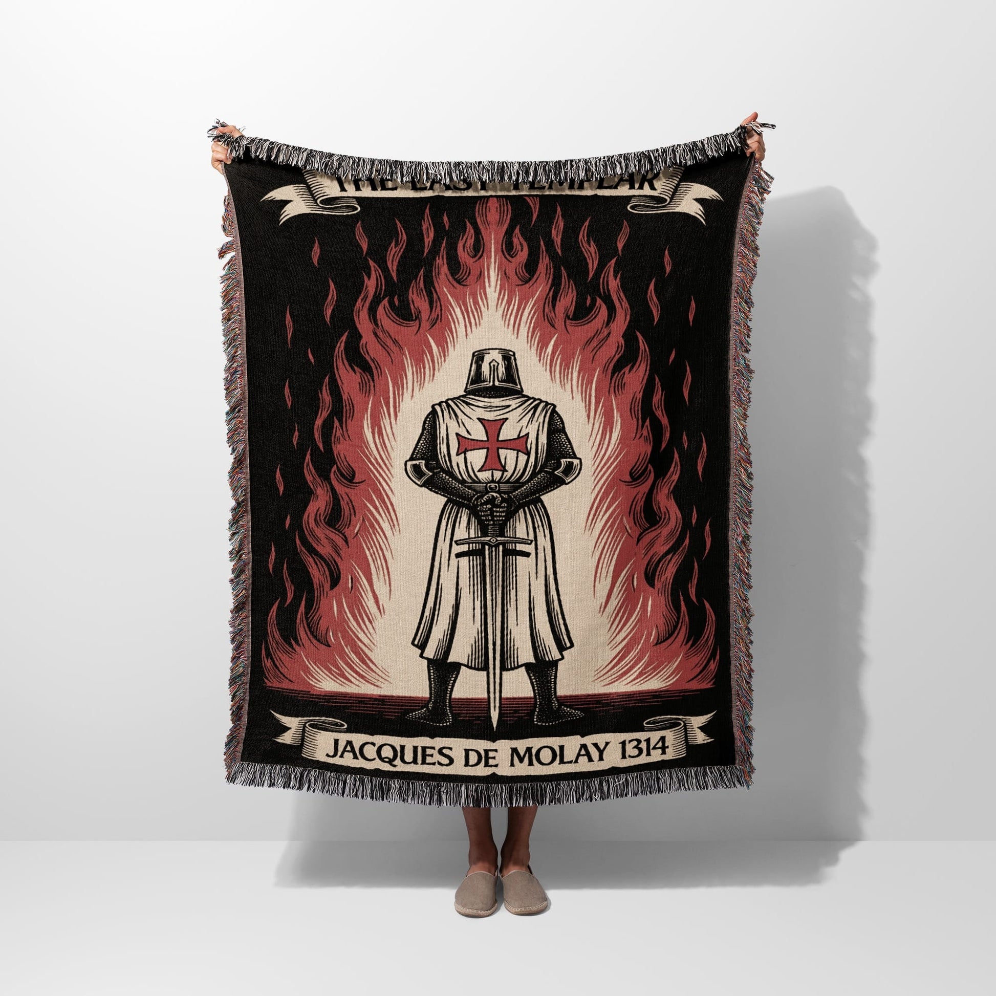 Knights Templar flag with Jacques de Molay 1314 text against a flame background.