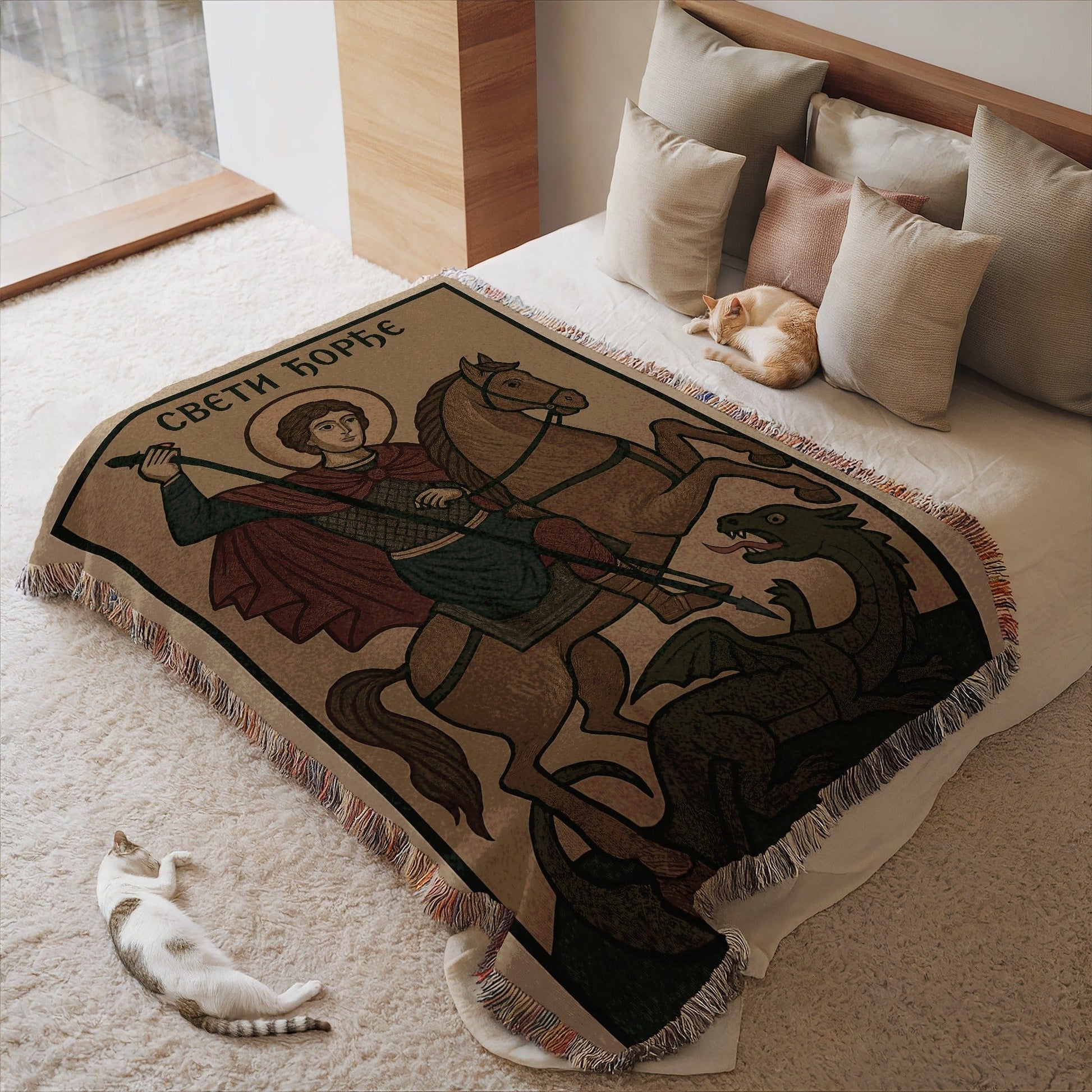 Woven Blanket with St George Vintage Style Art Design