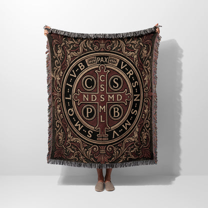 CalmNestStyle Ornate Benedictine Cross Woven Blanket jacquard woven blanket
