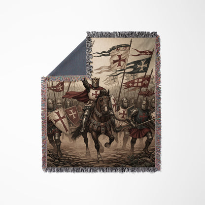 Knights Templar procession with king on horseback, flags, and shields.