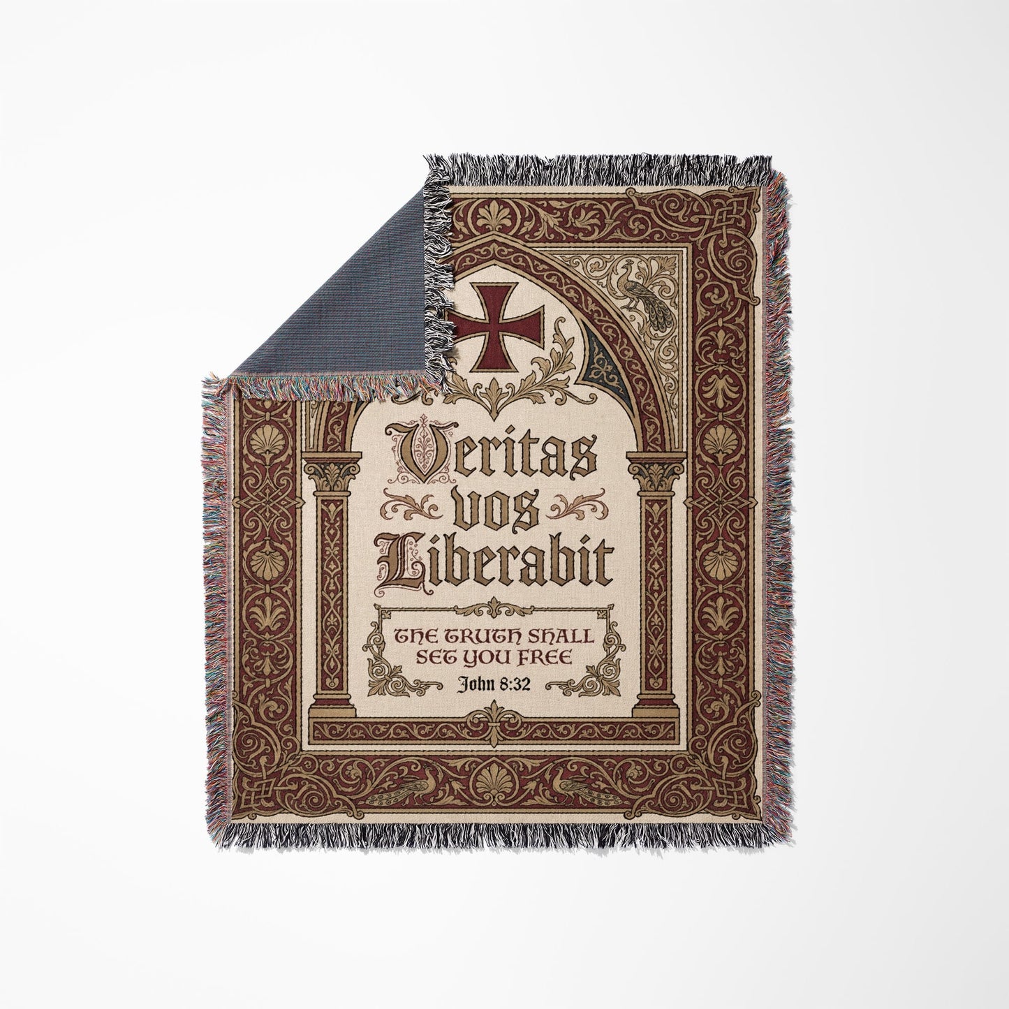 Woven blanket with Latin phrase "Veritas vos liberabit" and biblical verse.