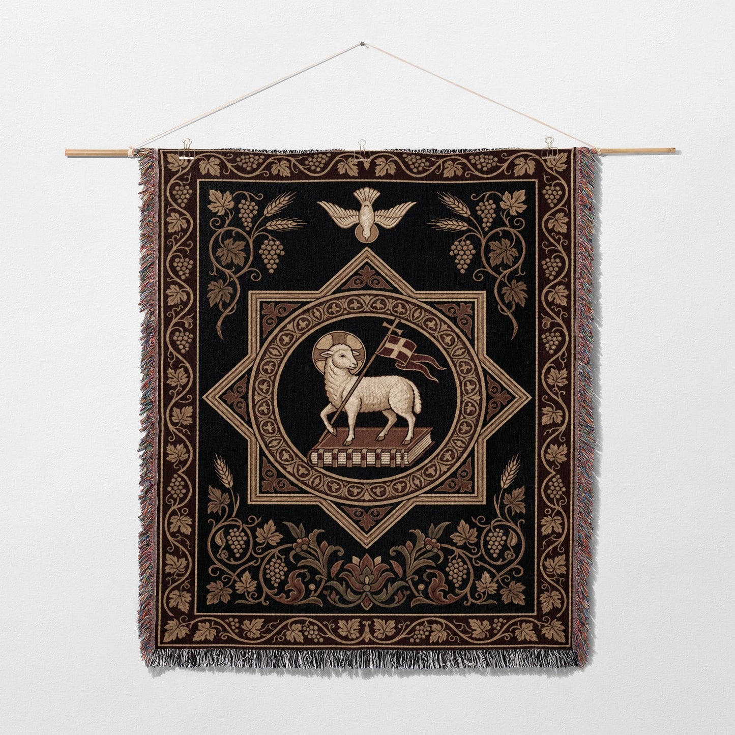 Tapestry with lamb and flag, grapes, wheat, and dove motifs on black background.