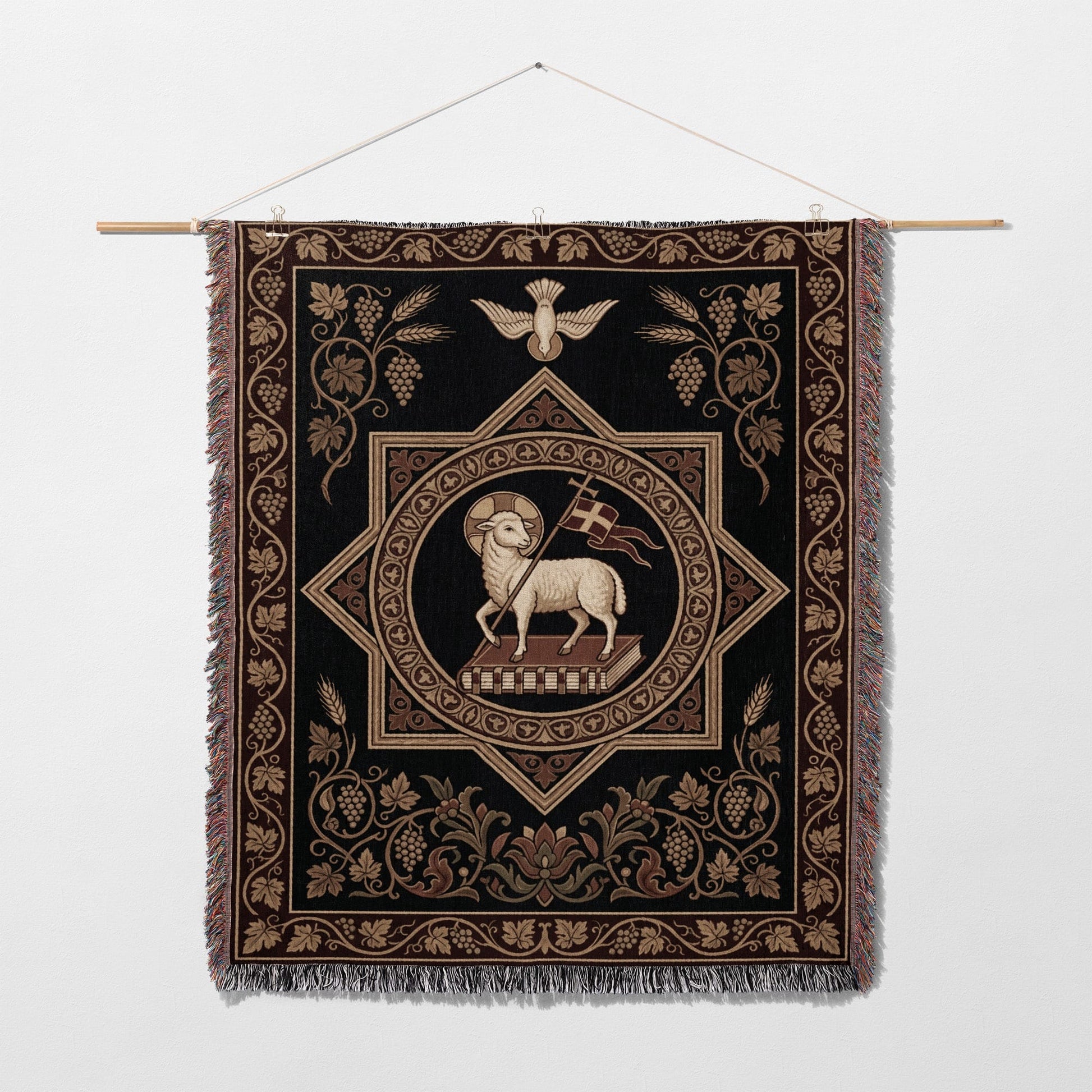 Tapestry with lamb and flag, grapes, wheat, and dove motifs on black background.