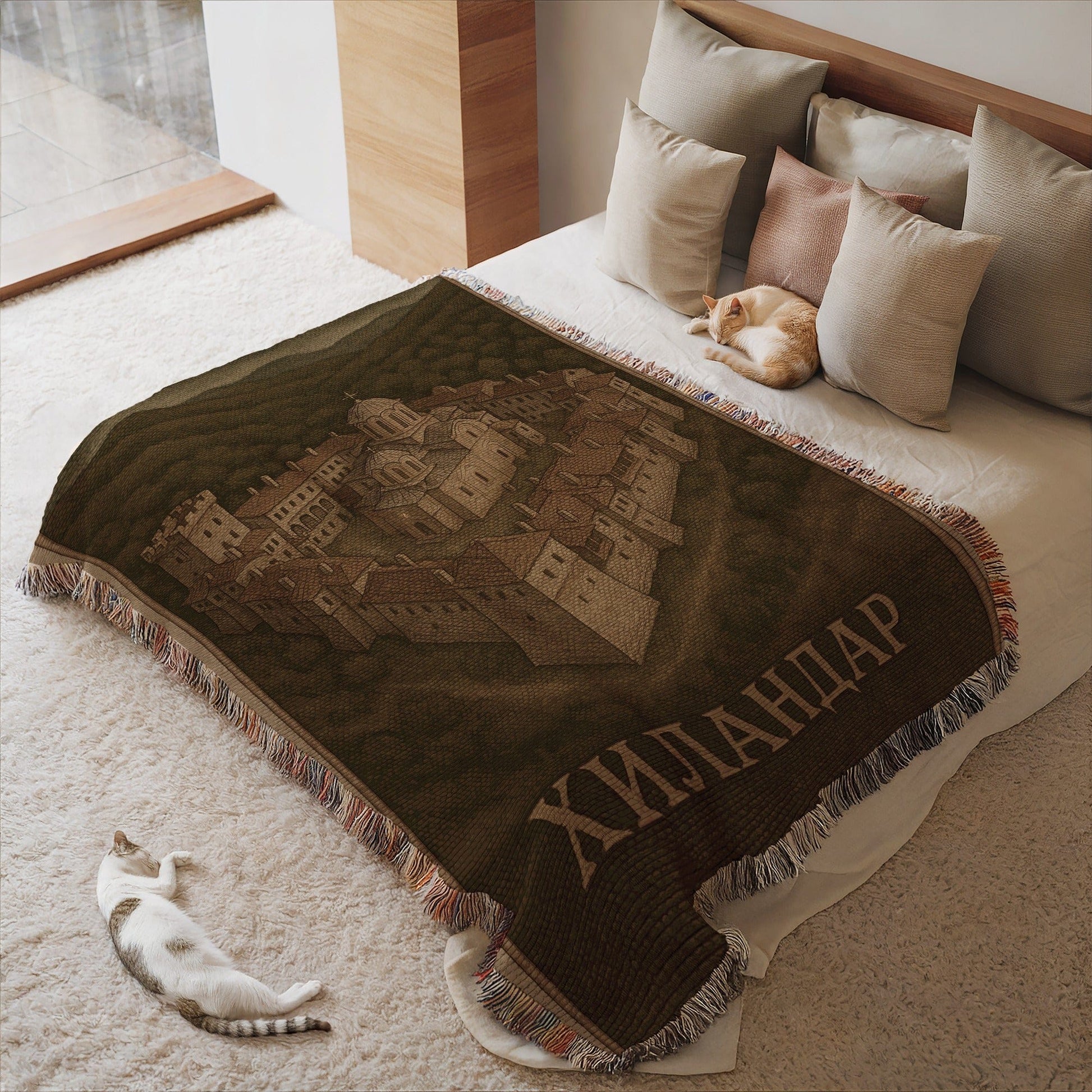 Cozy blanket featuring intricate medieval village design